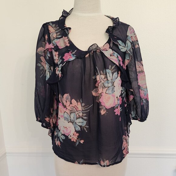 leifsdottir Tops - Leifsdottir Sheer Navy Floral Blouse With Ruffled Neckline & 3/4 Sleeves Size S